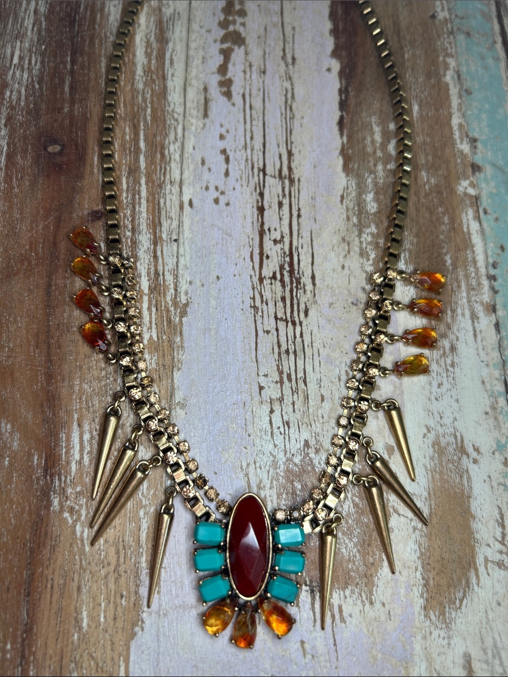 Lucky Brand Southwest Necklace w Spikes, Turquoise, Orange & Red Cabochons - Picture 9 of 12